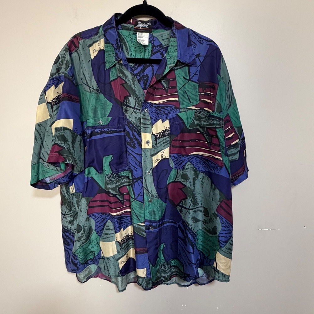 Impact Mens Large 100% Silk Abstract Geometric Short Sleeve Button Down Shirt